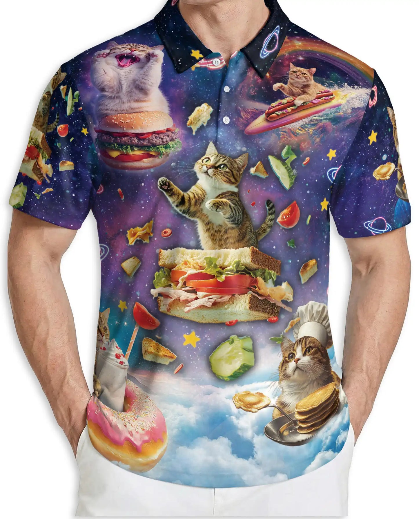 Space Cat Food 3D Polo Shirt for Men, Funny Cosmic Kitty Style | Azhawaiian