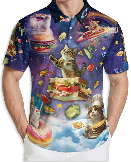 Space Cat Food 3D Polo Shirt for Men, Funny Cosmic Kitty Style | Azhawaiian