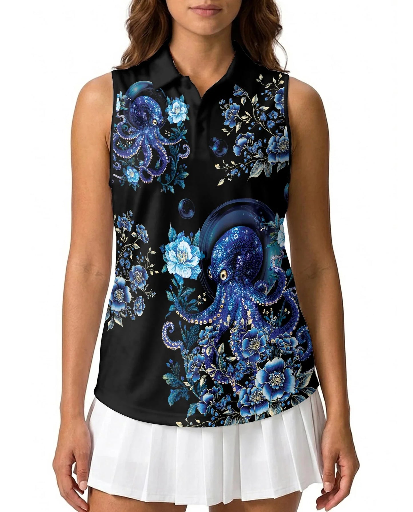 Octopus Flower Sleeveless Polo Shirt for Women | Azhawaiian