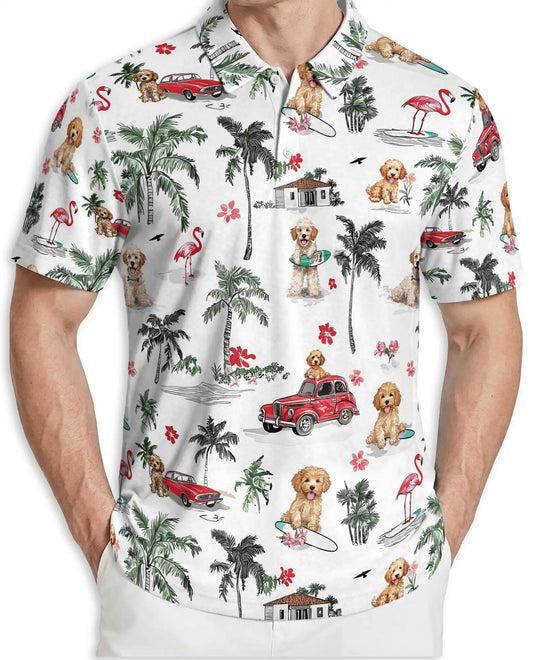 Tropical Puppy Beach 3D Polo Shirt for Men, Cute Summer Dog Island Style | Azhawaiian