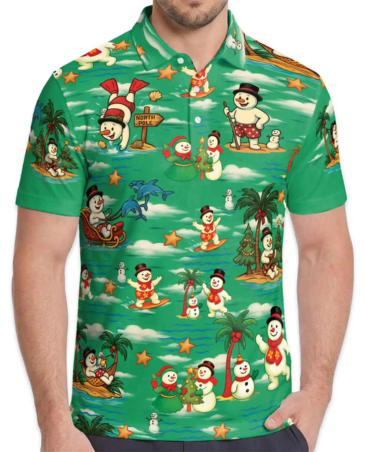 Tropical Snowman Christmas Polo Shirt - Beach Design | Azhawaiian