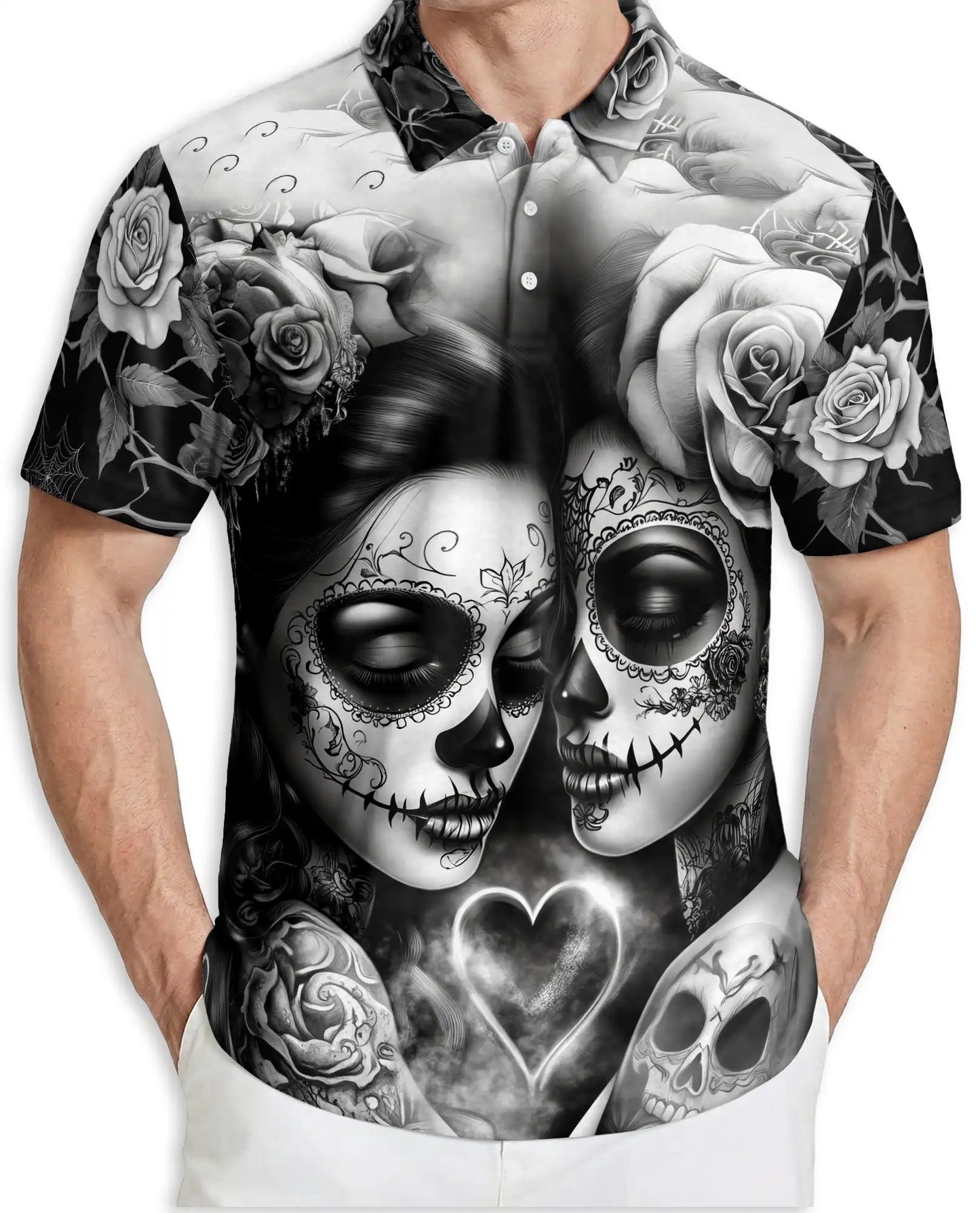 Sugar Skull Couple Polo Shirt, Gothic Rose Print | Azhawaiian