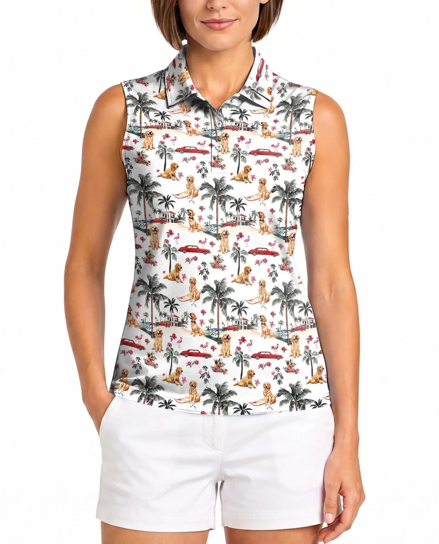 Tropical Dog and Flamingo Pattern Sleeveless Polo Shirt for Women | Azhawaiian