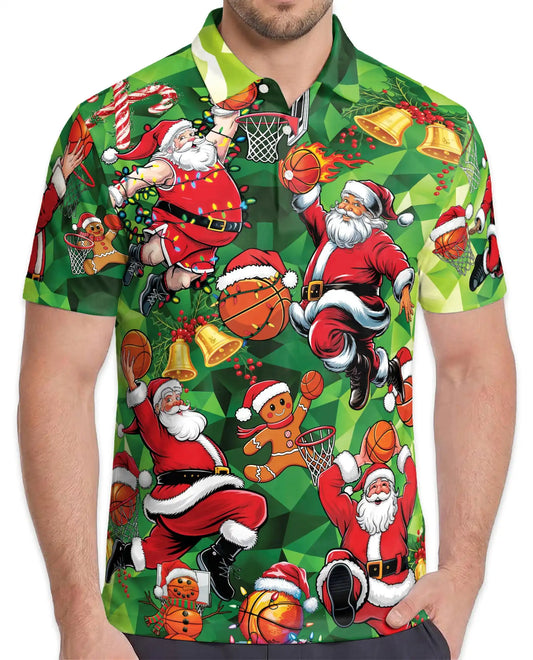 Basketball Santa Christmas Polo Shirt - Holiday Sports Fan Style