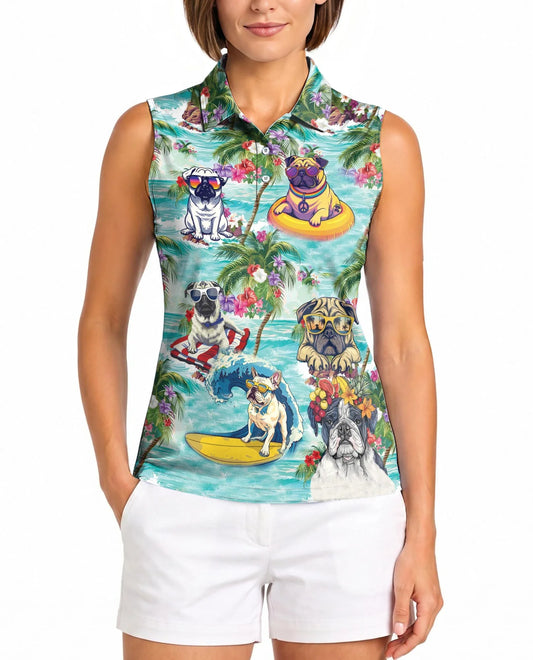 Pug Beach Tropical Sleeveless Polo Shirt for Women, Cute Dog Summer Style | Azhawaiian