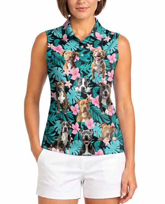 Tropical Pitbull Sleeveless Polo Shirt for Women, Cute Dog Summer Style | Azhawaiian