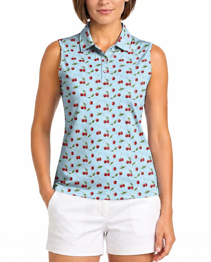 Light Blue Cherry Sleeveless Polo Shirt for Women, Sweet Fruit Summer Style | Azhawaiian