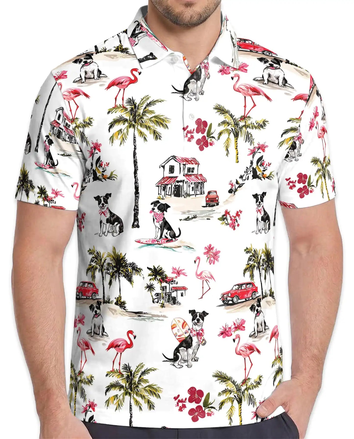 Coastal Dog Flamingo Polo Shirt - Tropical Beach Vacation Style | Azhawaiian