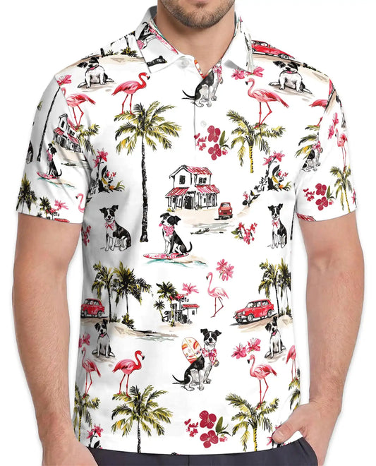 Coastal Dog Flamingo Polo Shirt - Tropical Beach Vacation Style | Azhawaiian