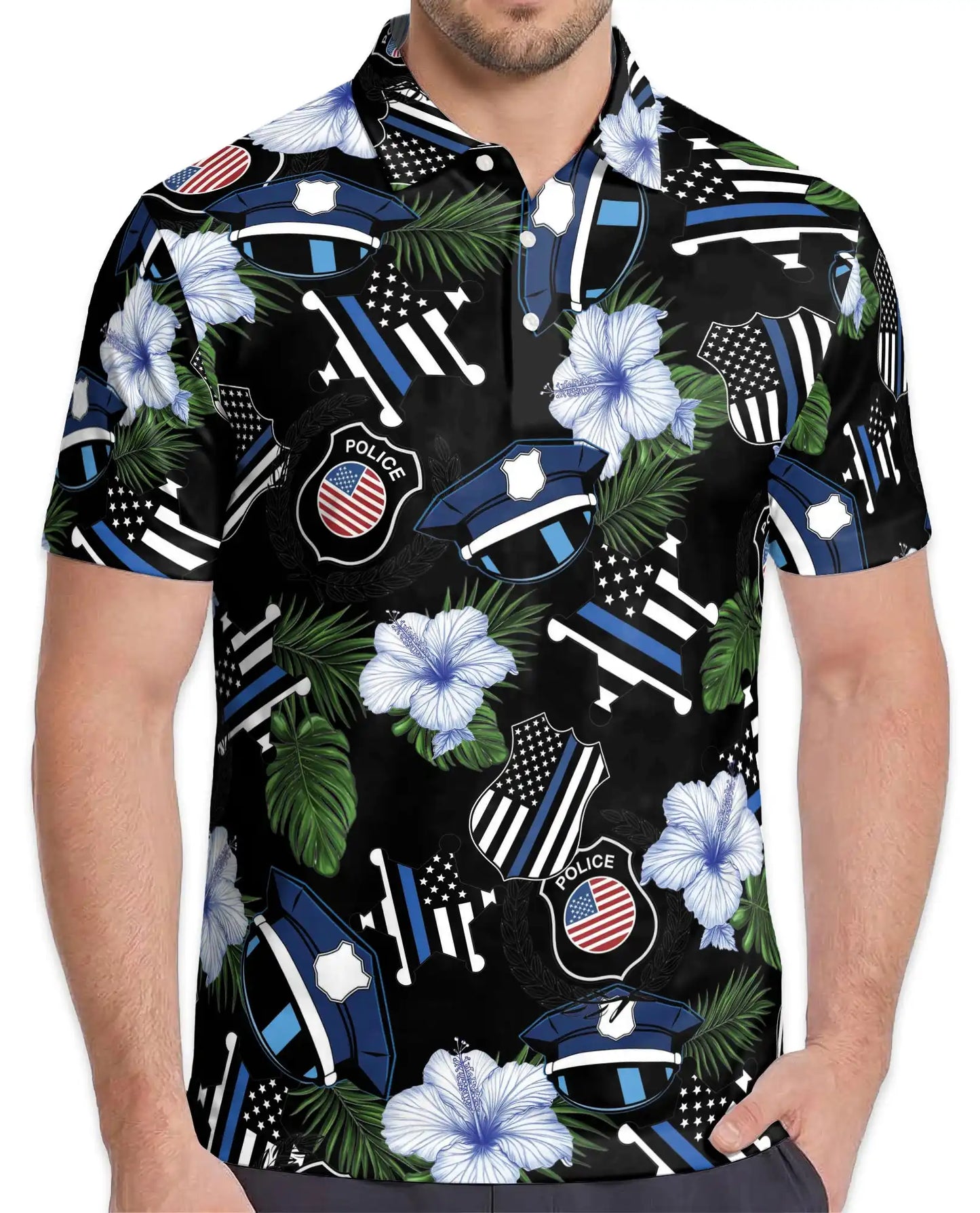 Police Thin Blue Line Polo Shirt - Tropical Floral Design | Azhawaiian