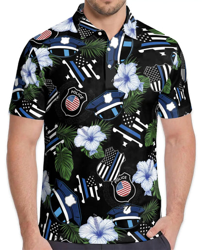 Police Thin Blue Line Polo Shirt - Tropical Floral Design | Azhawaiian