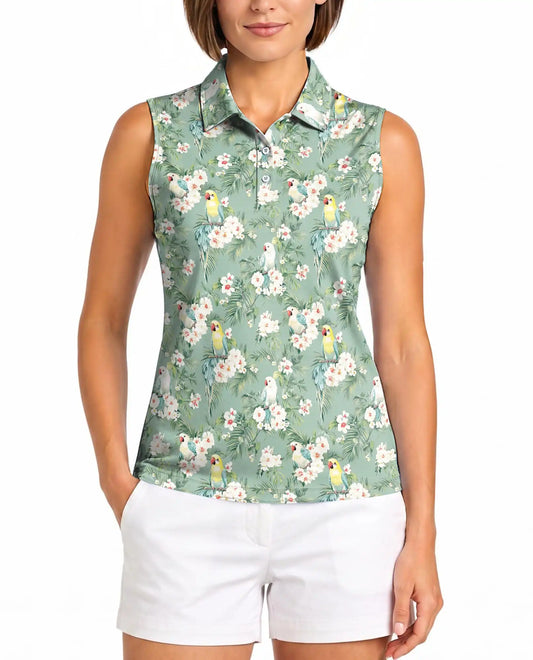 Vintage Tropical Parrot Sleeveless Polo Shirt for Women, Retro Bird Summer Style | Azhawaiian