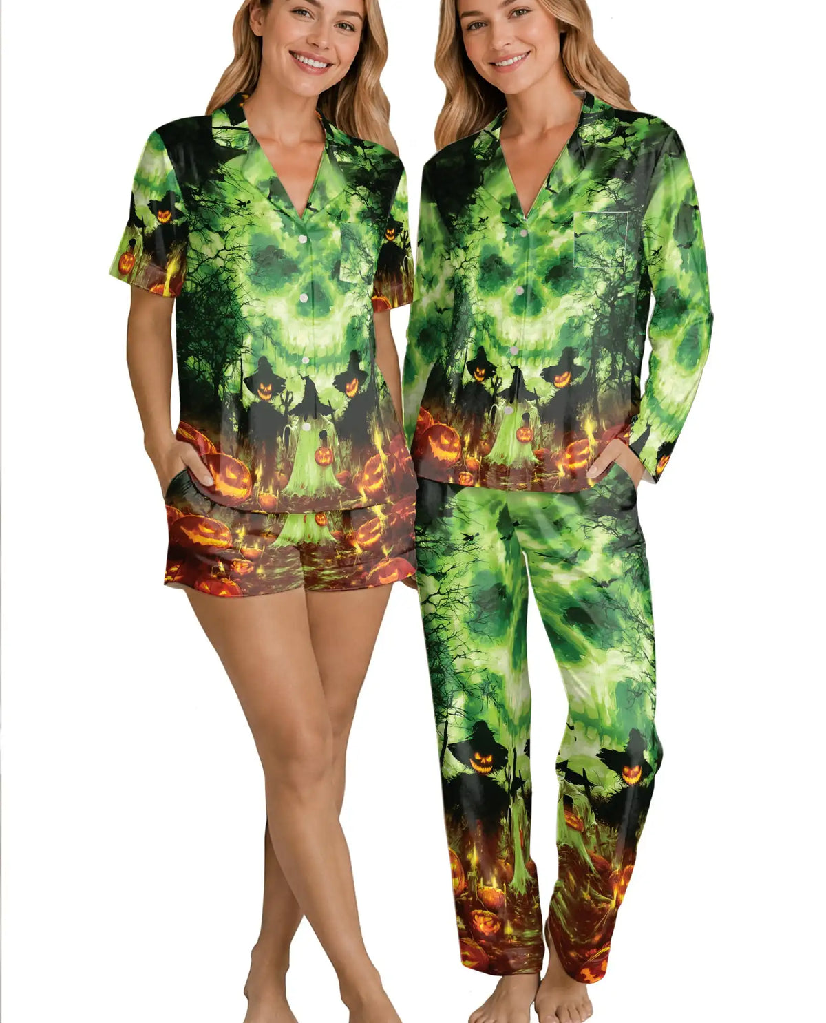 Pumpkin Halloween Pajama Set for Women, Haunted Forest Spooky Sleepwear