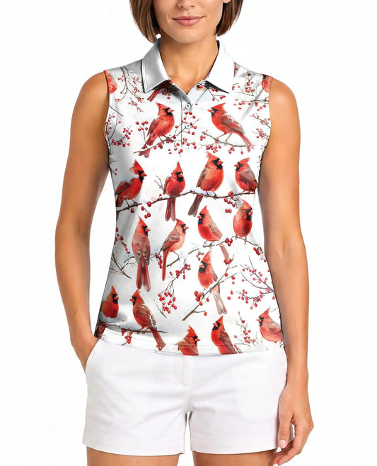 Cardinal Bird Sleeveless Polo Shirt for Women, Elegant Wildlife Nature Style | Azhawaiian