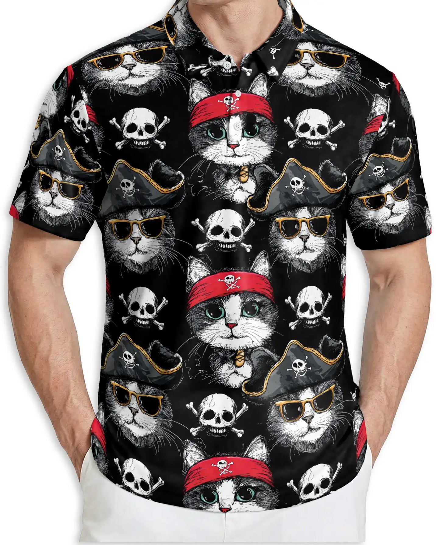 Pirate Cat 3D Polo Shirt for Men, Funny Skull Kitty Style | Azhawaiian