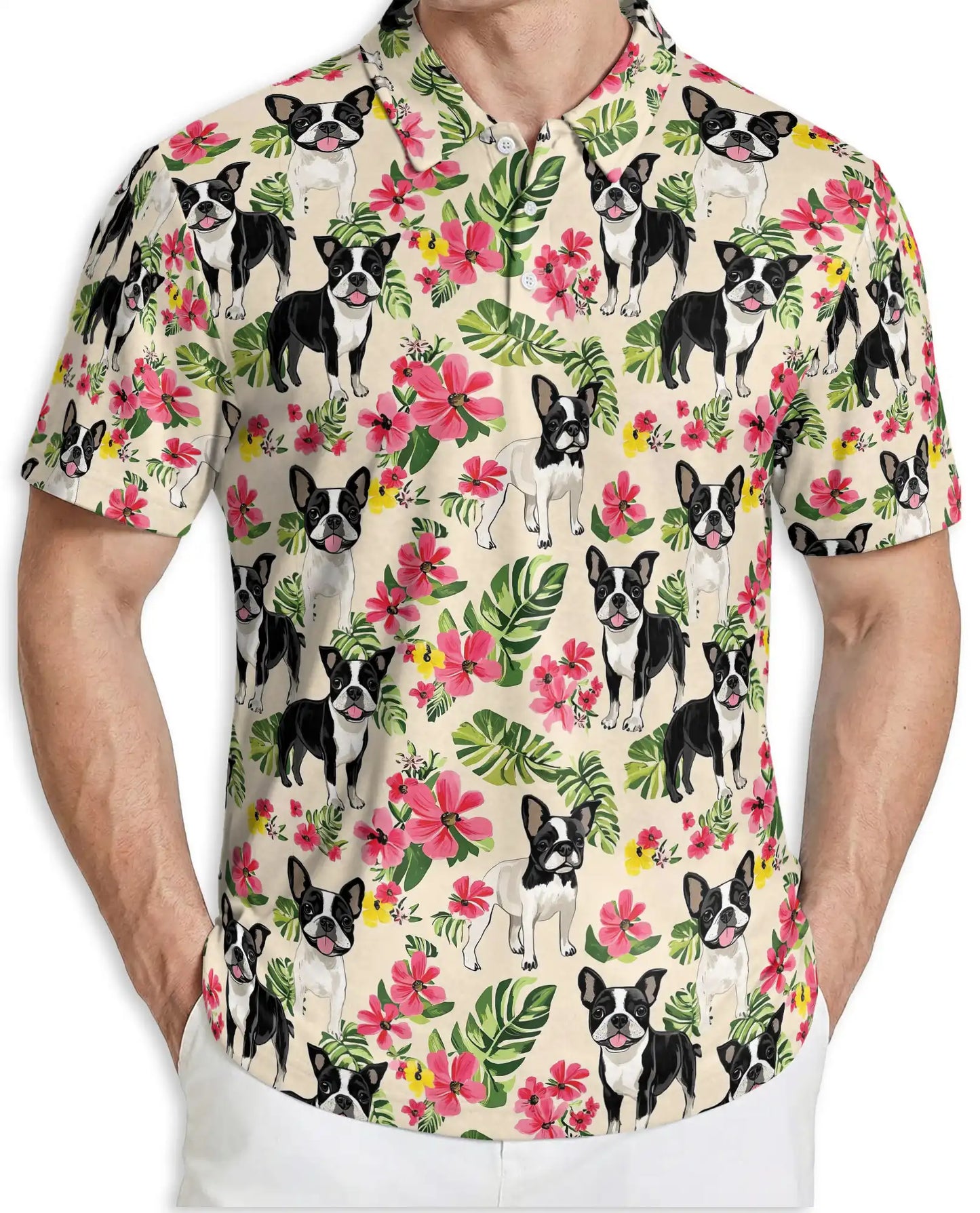 Boston Terrier Tropical Polo Shirt, Floral Dog Print | Azhawaiian
