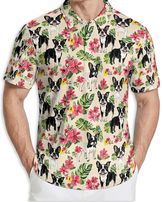 Boston Terrier Tropical Polo Shirt, Floral Dog Print | Azhawaiian