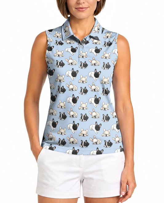 Lazy French Bulldog Sleeveless Polo Shirt for Women | Azhawaiian