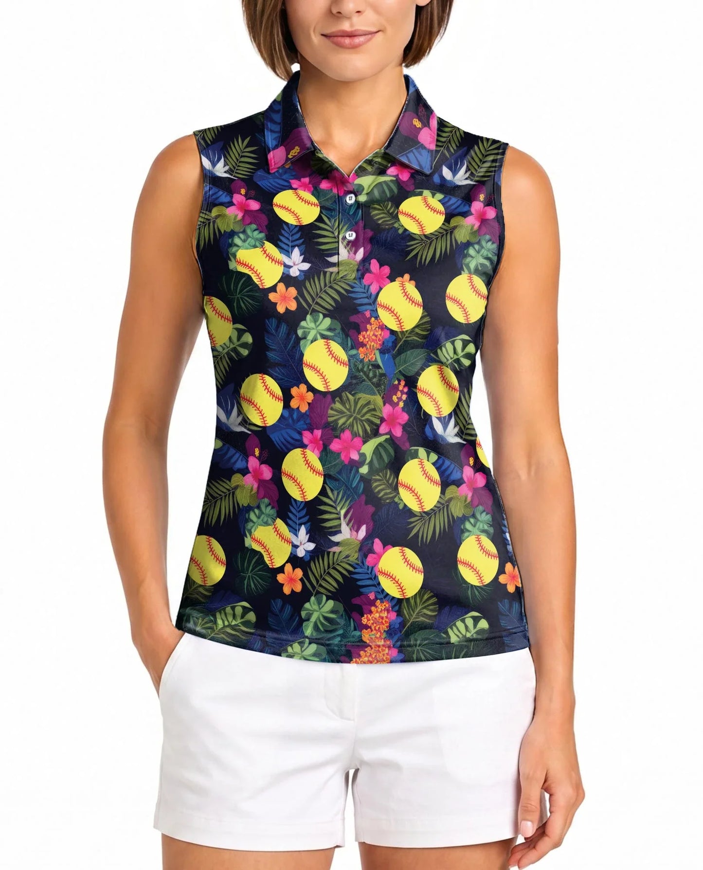 Softball Simple Hibiscus Sleeveless Polo Shirt for Women | Azhawaiian