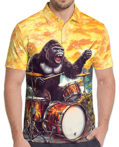 Gorilla Drummer Polo Shirt, Funny Music Style | Azhawaiian