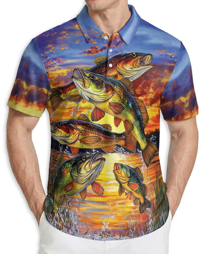 Bass Fishing Polo Shirt, Sunset Lake Print | Azhawaiian