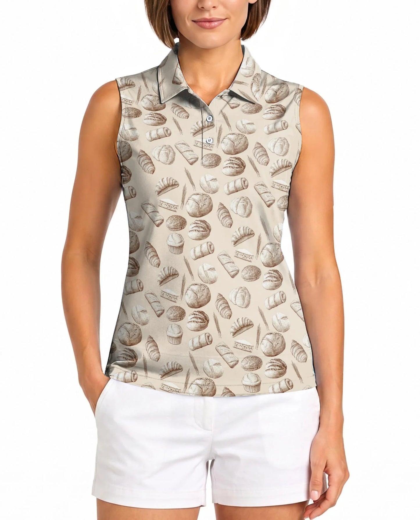 Bread Pattern Sleeveless Polo Shirt for Women, Cute Food Lover Style | Azhawaiian