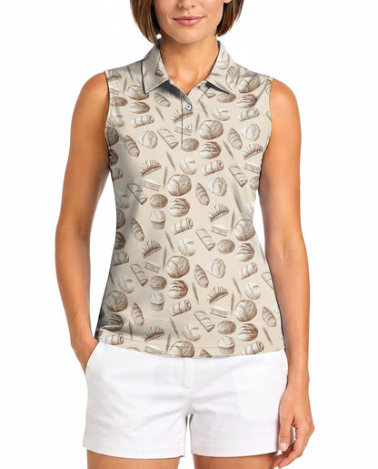 Bread Pattern Sleeveless Polo Shirt for Women, Cute Food Lover Style | Azhawaiian