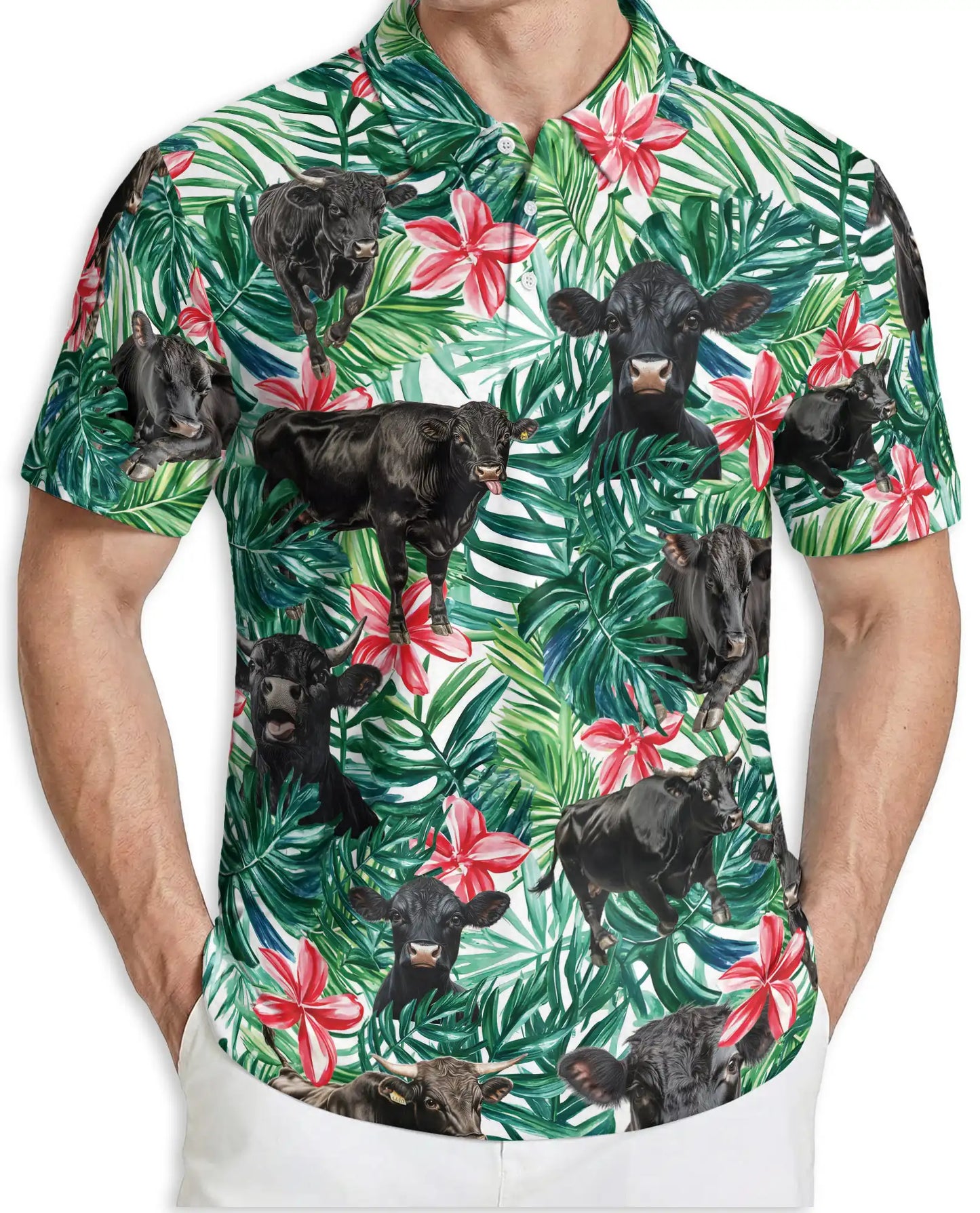 Black Cow Tropical Polo Shirt, Floral Jungle Print | Azhawaiian
