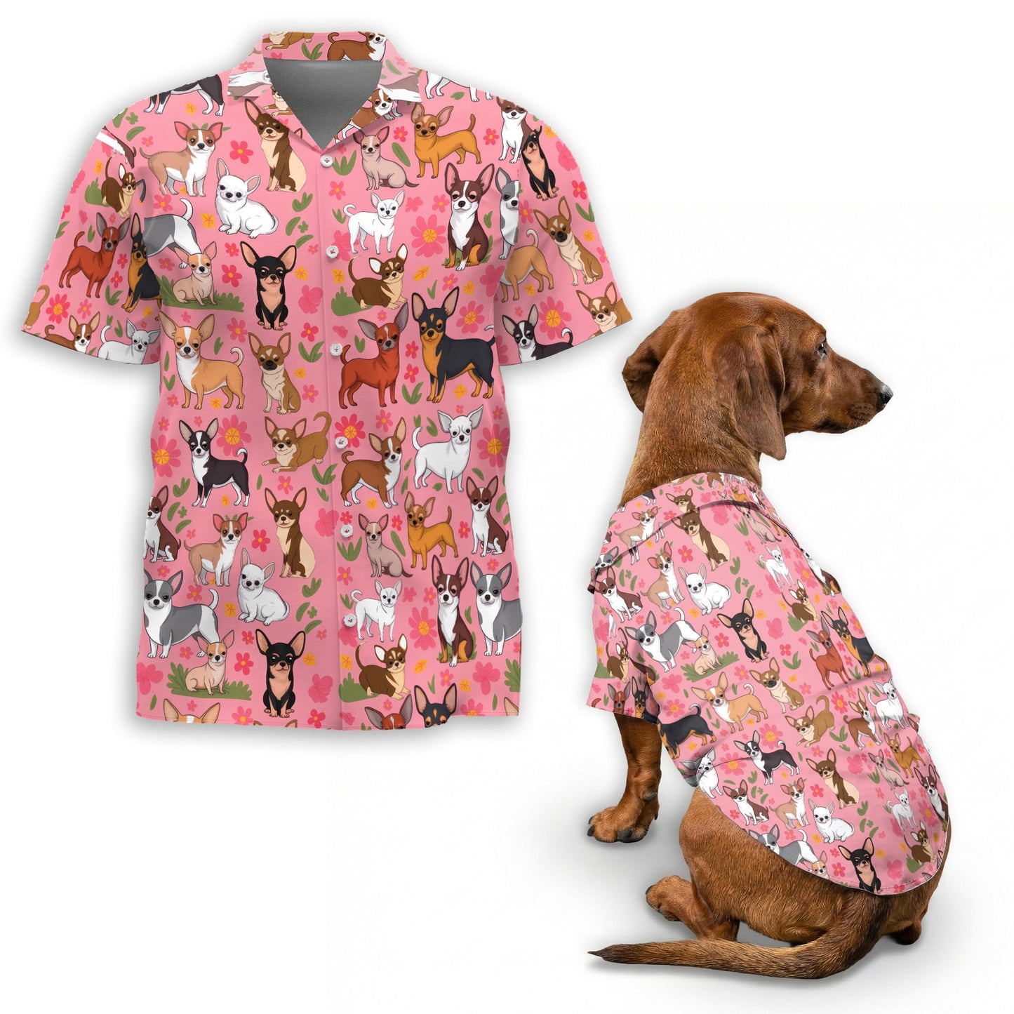 Floral Chihuahua Matching Dog Owner Hawaiian Shirts, Funny Pet Aloha Shirt for Beach Vacation - Azhawaiian