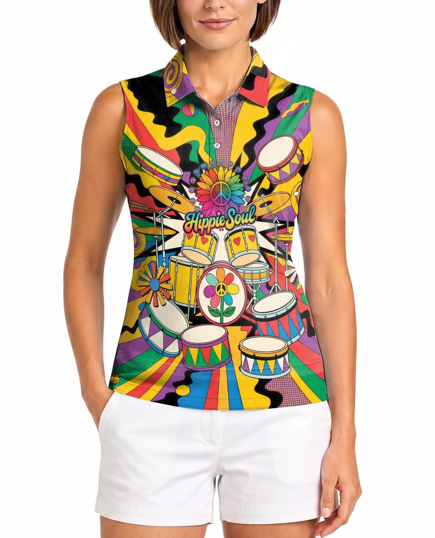Peace Love Drums Sleeveless Polo Shirt for Women | Azhawaiian