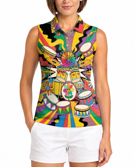 Peace Love Drums Sleeveless Polo Shirt for Women | Azhawaiian