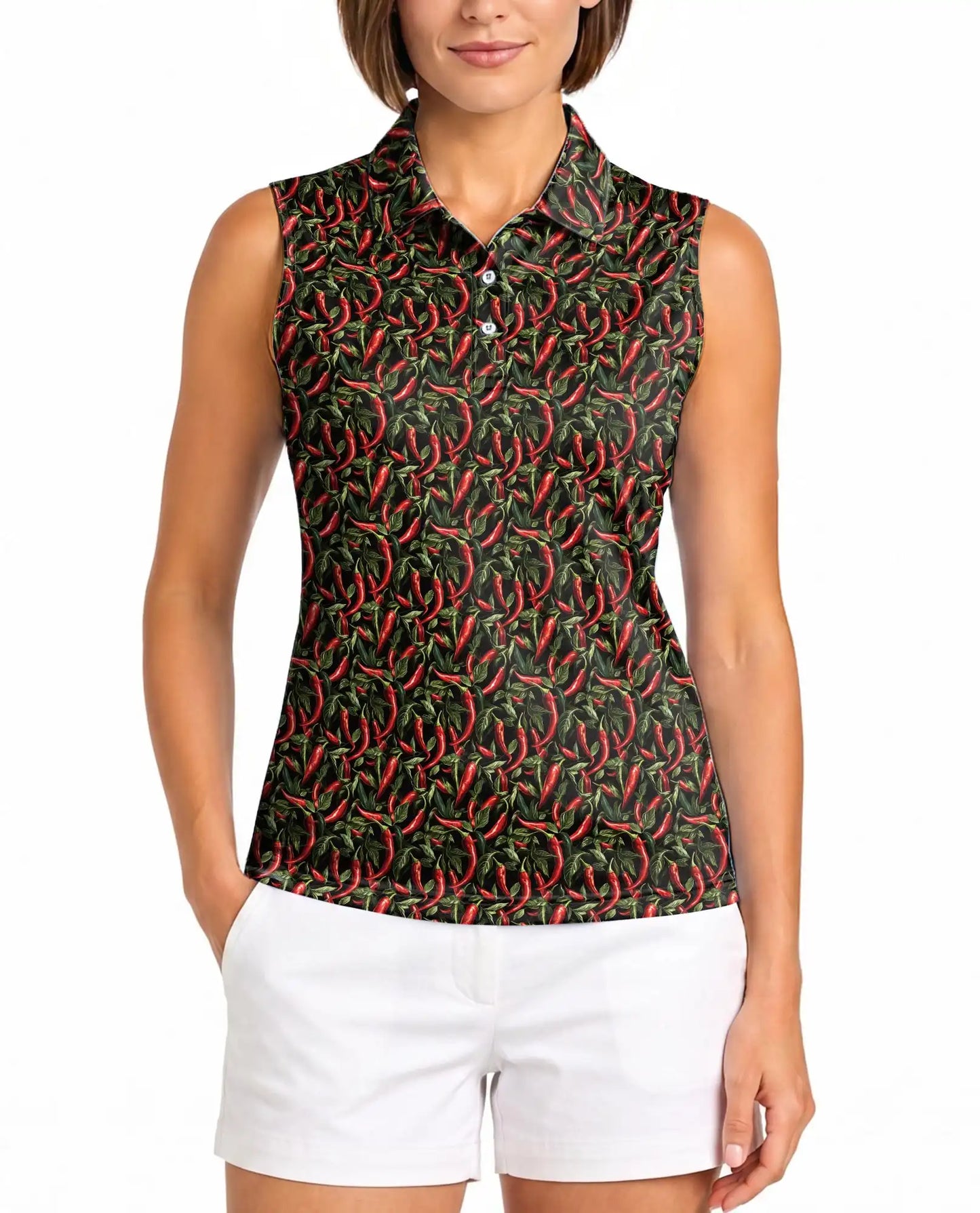 Chilli Pepper Pattern Sleeveless Polo Shirt for Women, Spicy Food Lover Style | Azhawaiian