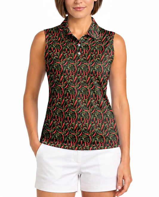 Chilli Pepper Pattern Sleeveless Polo Shirt for Women, Spicy Food Lover Style | Azhawaiian