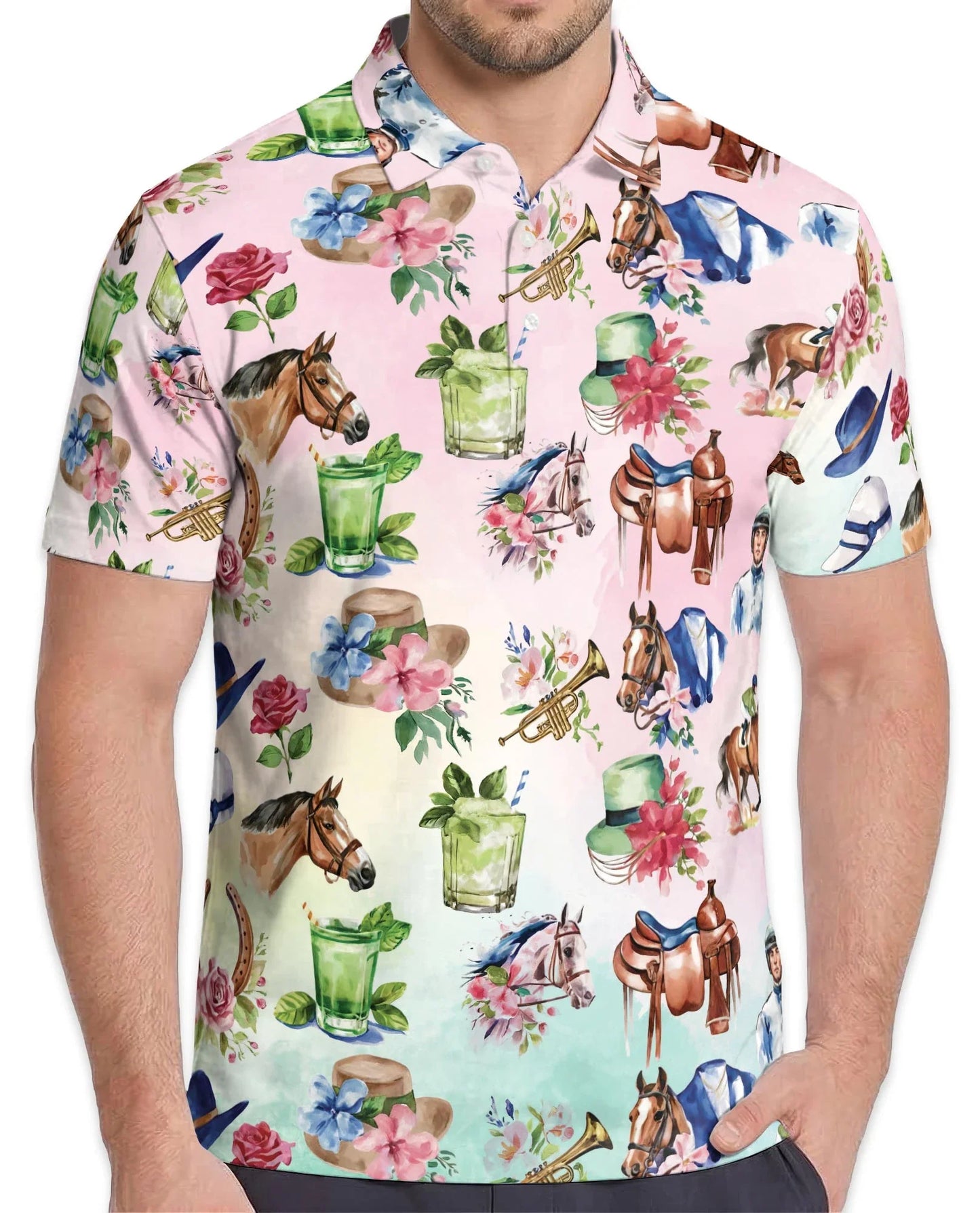 Horse Racing Cocktail Polo Shirt for Men, Equestrian Party Style | Azhawaiian