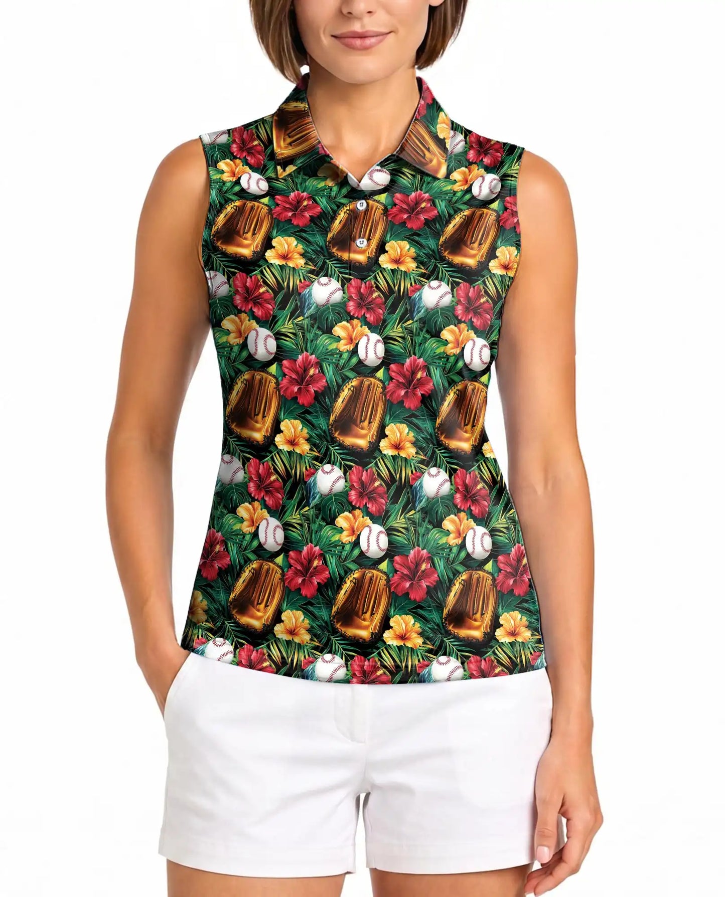 Baseball Glove And Hibiscus Sleeveless Polo Shirt for Women | Azhawaiian