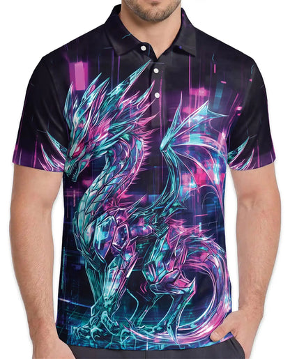 Cyber Dragon Polo Shirt for Men - Neon Fantasy Art | Azhawaiian