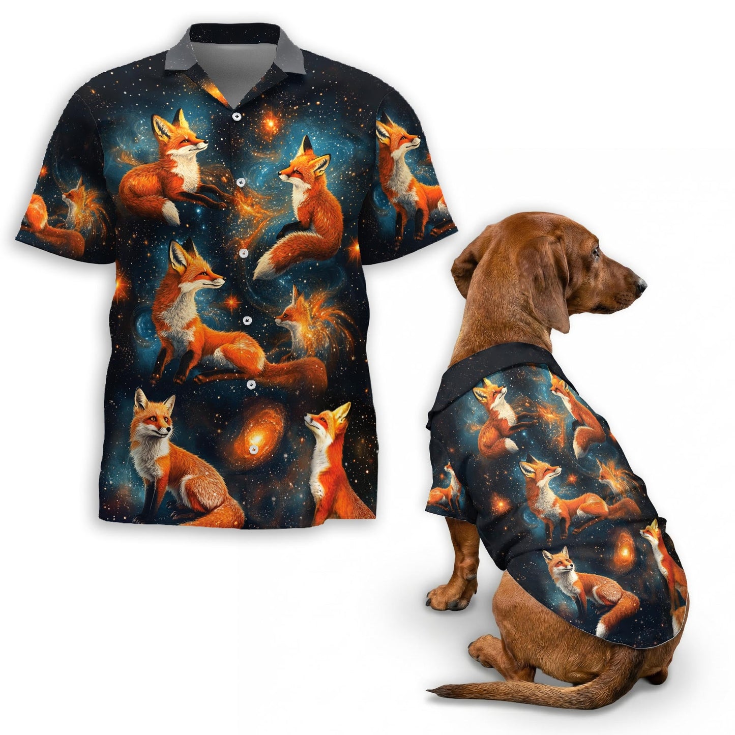 Fox Starlight Matching Dog Owner Hawaiian Shirts, Funny Pet Aloha Shirt for Beach Vacation - Azhawaiian