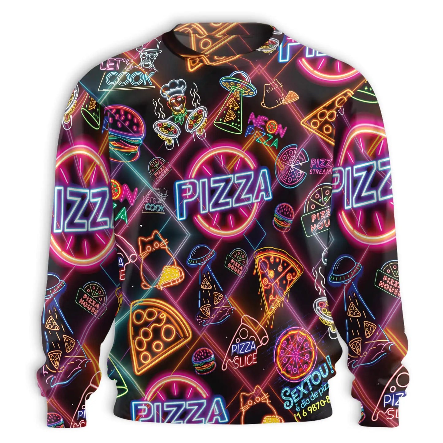 Vibrant Neon Pizza Pattern Sweatshirt – Colorful Graphic 3D All Over Print Design