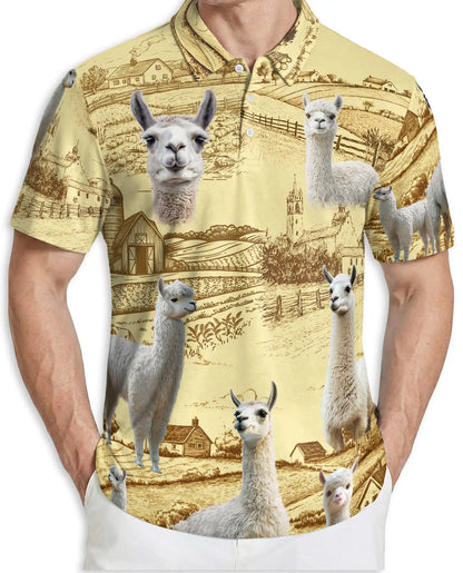 Cute Alpaca Farm 3D Polo Shirt for Men, Rustic Country Animal Style | Azhawaiian