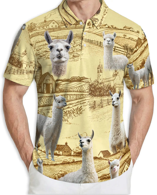 Cute Alpaca Farm 3D Polo Shirt for Men, Rustic Country Animal Style | Azhawaiian