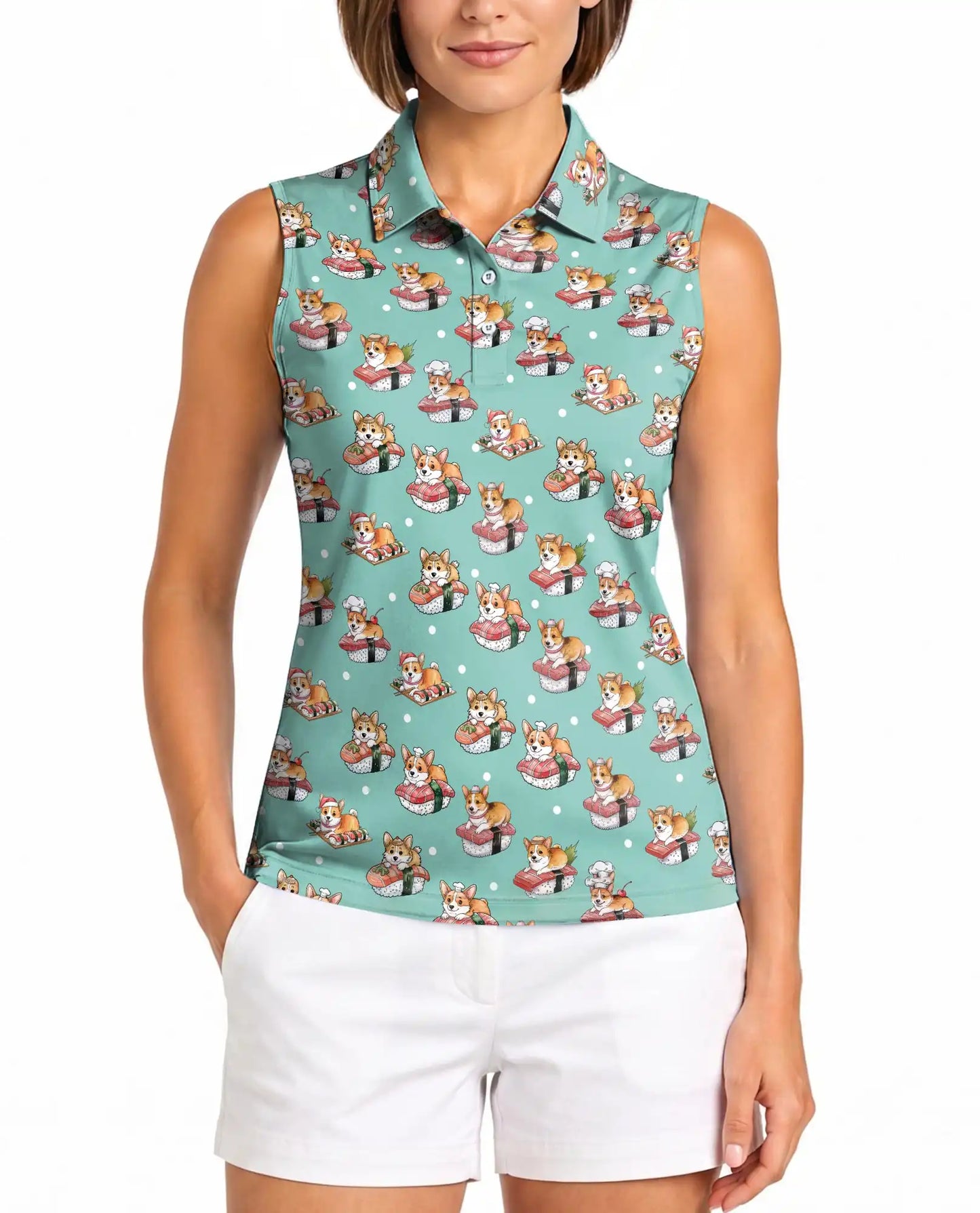 Corgi Sushi Print Sleeveless Polo Shirt for Women, Cute Dog Food Lover Style | Azhawaiian