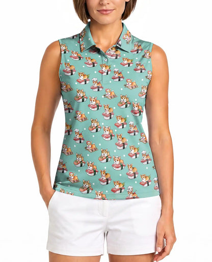 Corgi Sushi Print Sleeveless Polo Shirt for Women, Cute Dog Food Lover Style | Azhawaiian