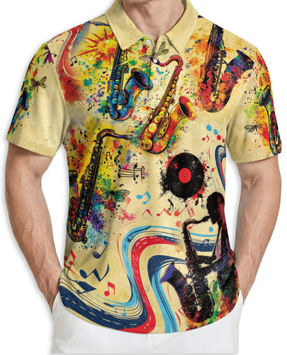 Saxophone Music 3D Polo Shirt for Men, Jazz Retro Art Style | Azhawaiian
