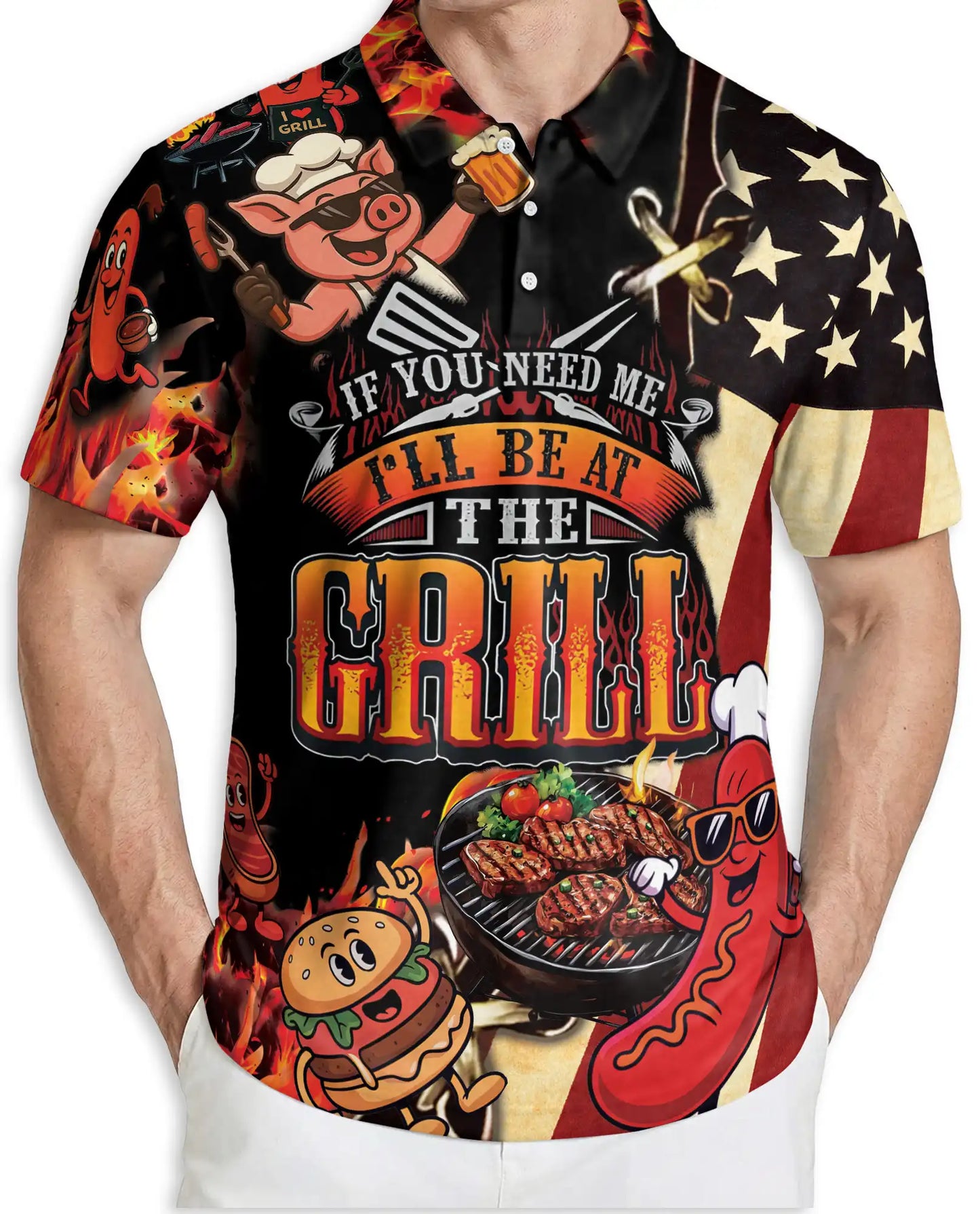 BBQ Grill Party Polo Shirt for Men, Fun Food & American Style | Azhawaiian