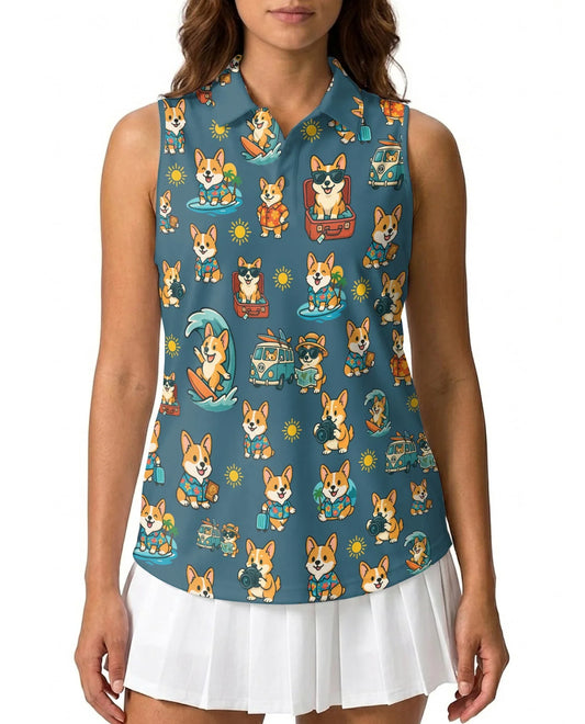 Cute Corgi Summer Beach Sleeveless Polo Shirt for Women, Dog Lover Style | Azhawaiian