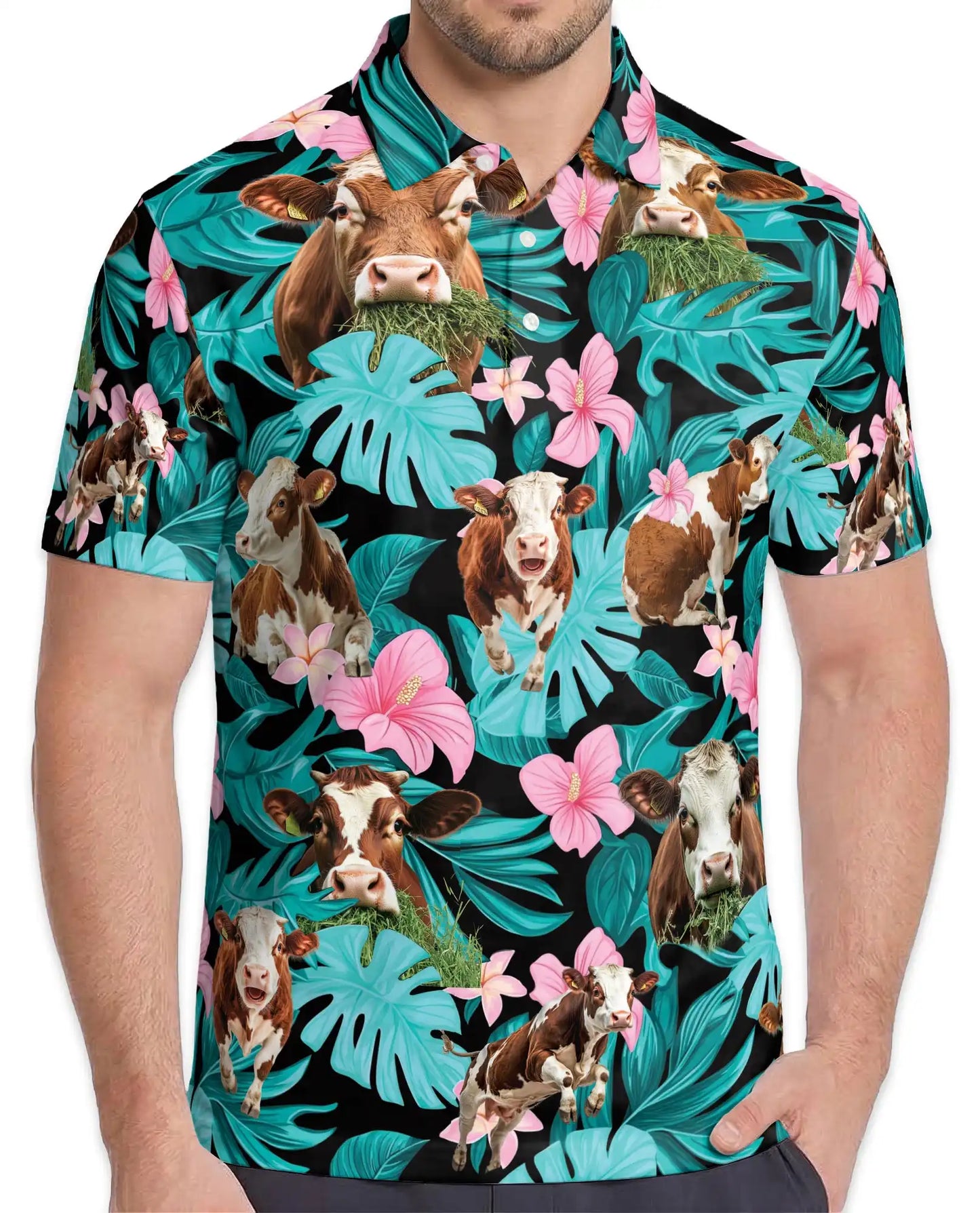 Cow Tropical Polo Shirt - Hawaiian Farm Animal Floral Design | Azhawaiian