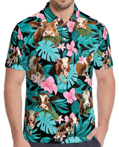 Cow Tropical Polo Shirt - Hawaiian Farm Animal Floral Design | Azhawaiian