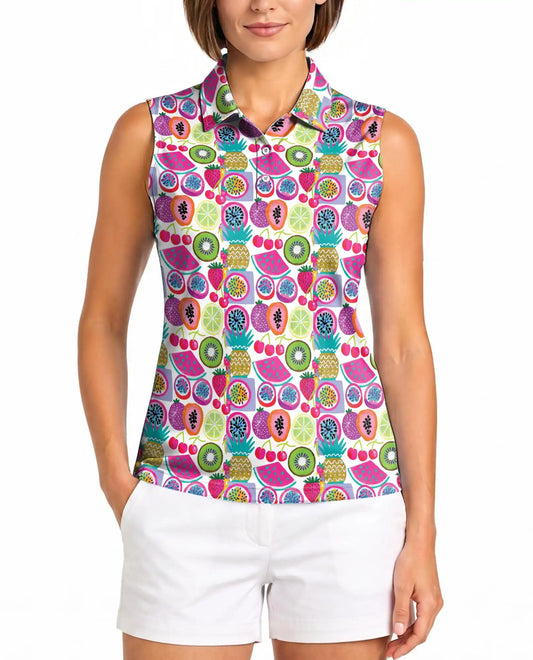 Mixed Fruit Print Sleeveless Polo Shirt for Women | Azhawaiian