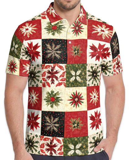 Christmas Quilt Polo Shirt, Festive Snowflake Print | Azhawaiian