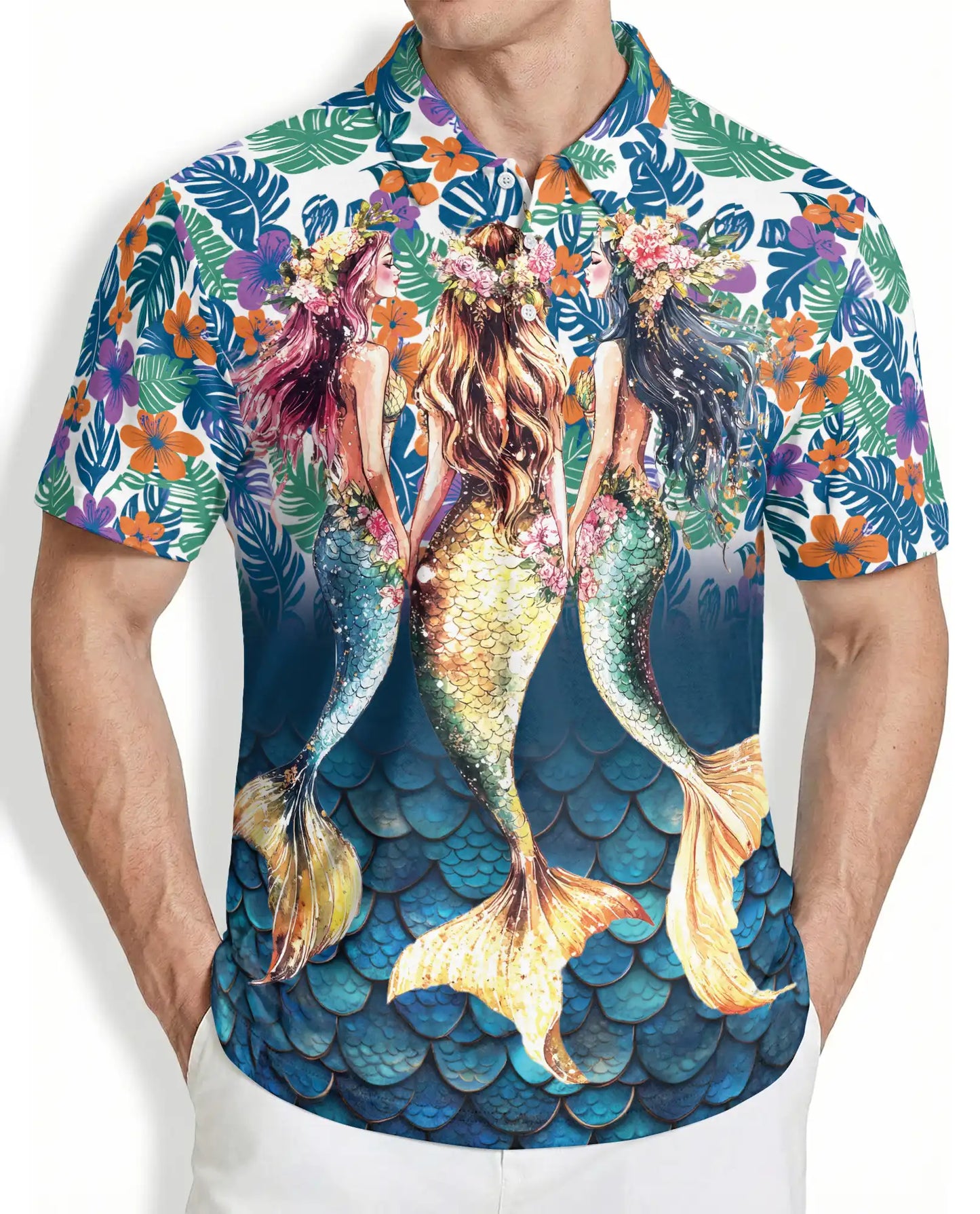 Mermaid Floral Hawaiian Polo Shirt, Tropical Style | Azhawaiian